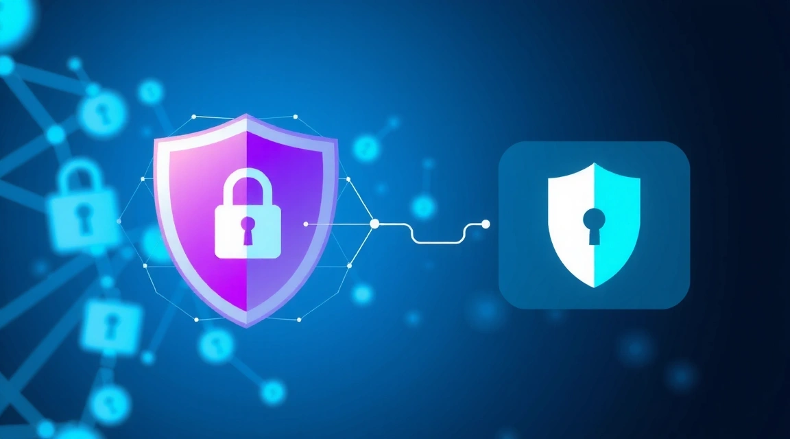 O imagine abstractă reprezentând securitatea datelor și confidențialitatea online, cu simboluri de lacăt și scut.